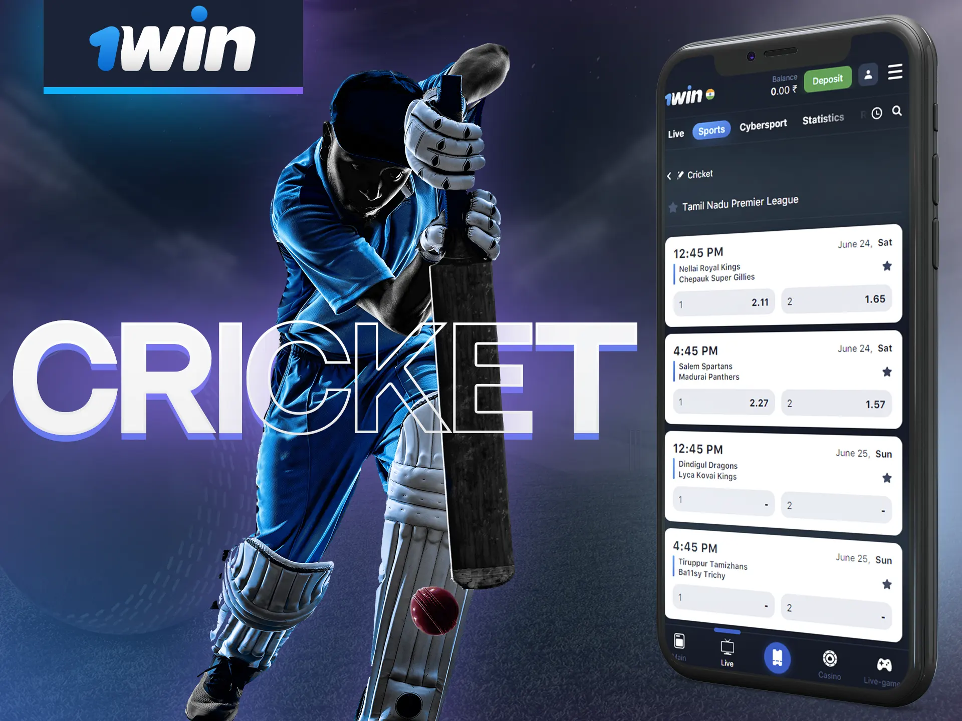 Make cricket bets in the 1Win app.