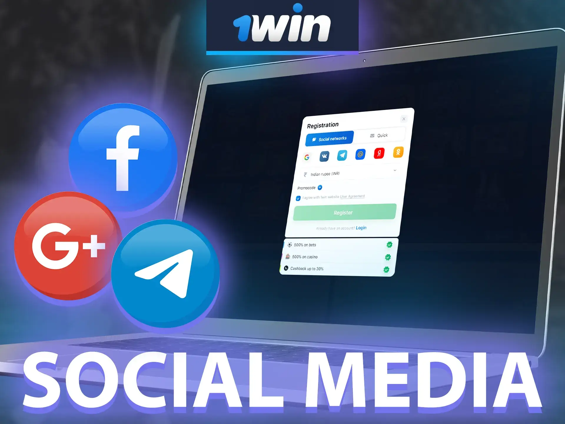 You can create an account with 1win via Google or Facebook social networks.