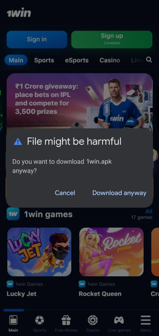 Confirm the download of the 1win apk file.