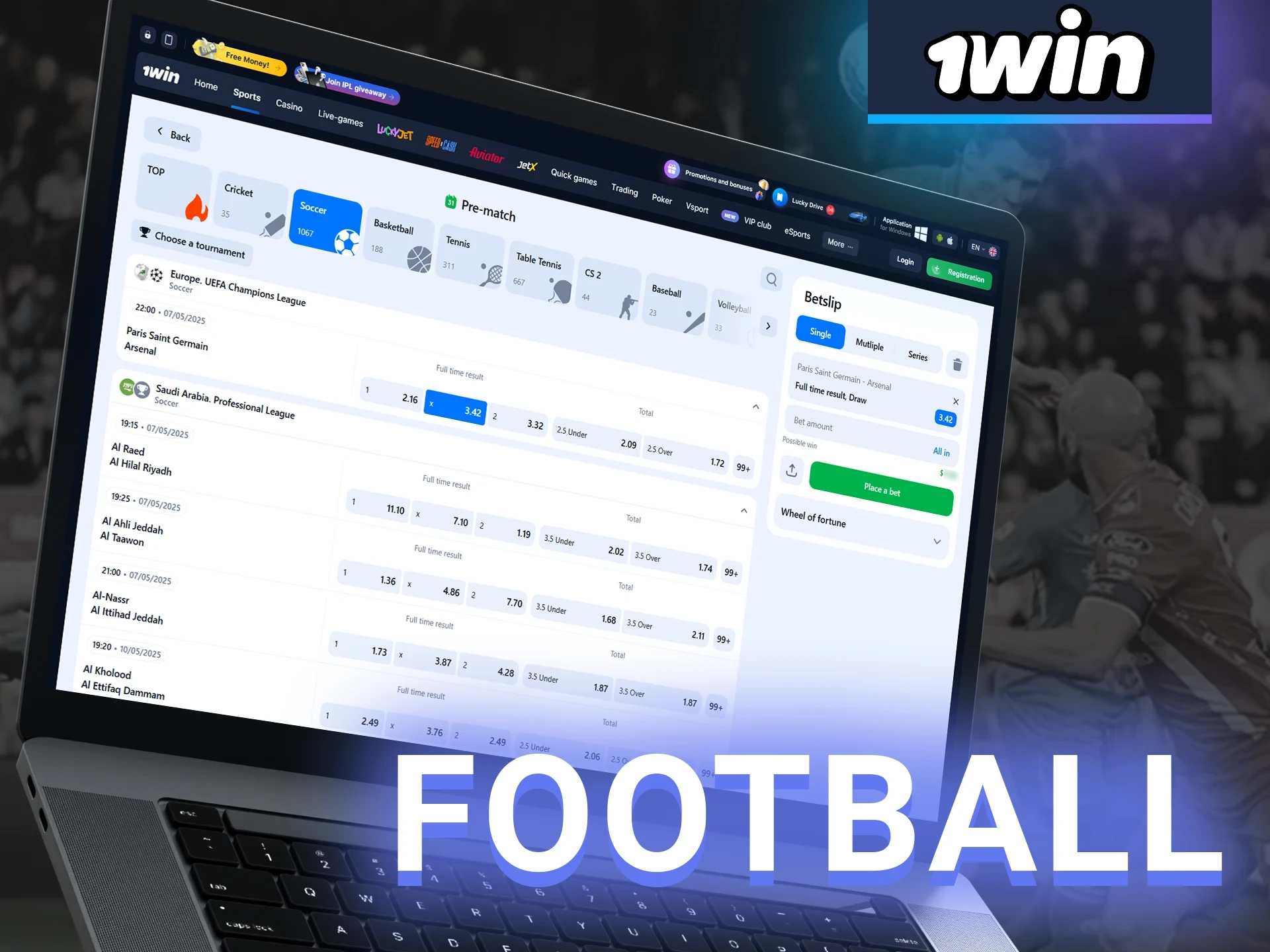 Betting on football is popular among 1win players.