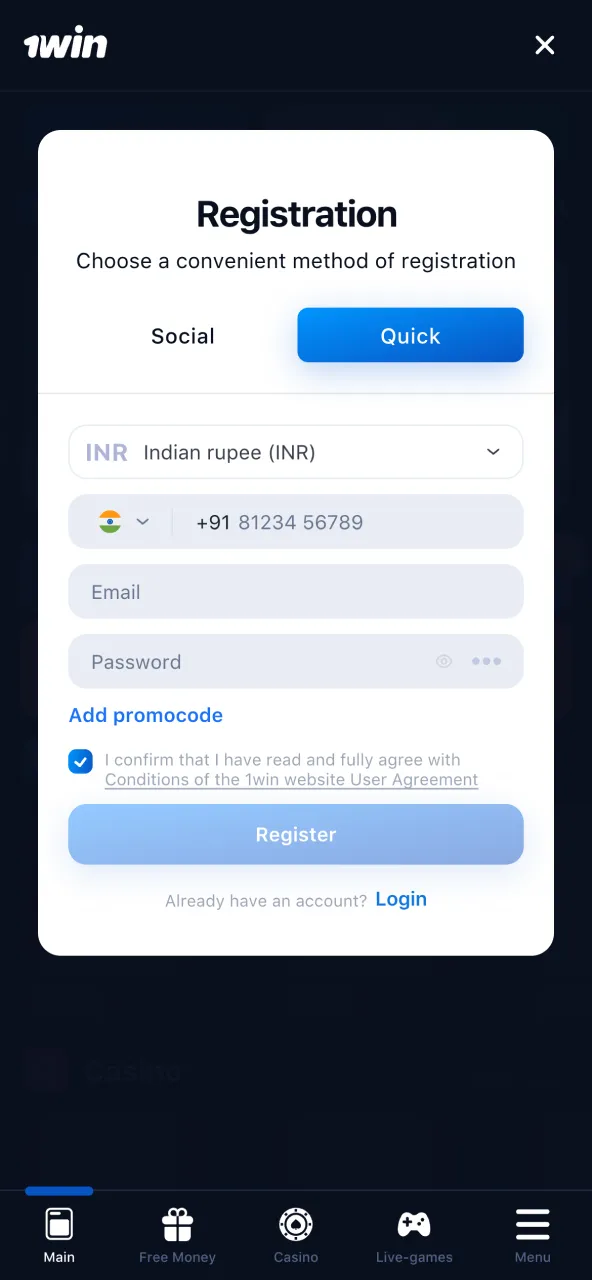 Register at 1win by clicking Sign Up and entering your personal info.