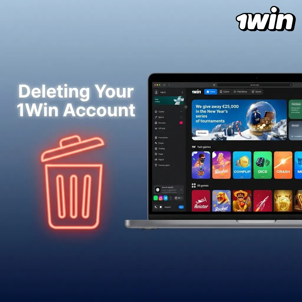 Steps showing how to permanently delete a 1Win gaming account through profile settings and account management options.