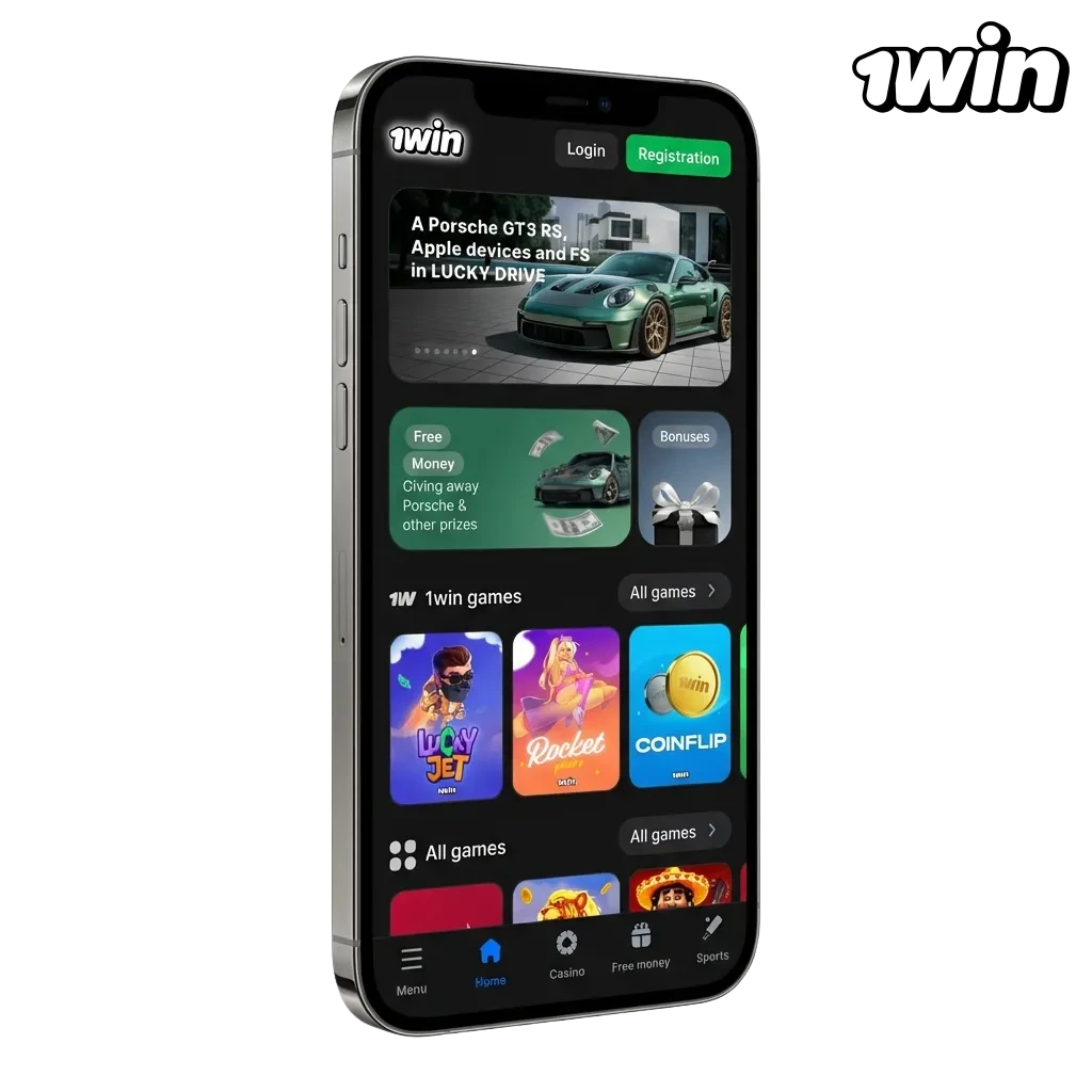 1Win app download page showing Android APK and iOS installation options with sports betting and casino features