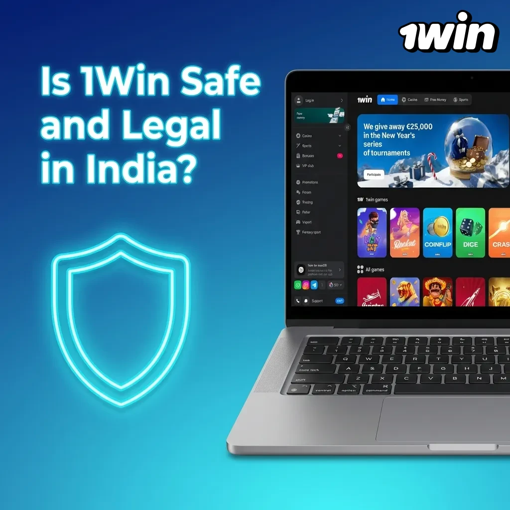1Win logo with Curaçao license badge and security shield icon representing safe, legal online betting for Indian players