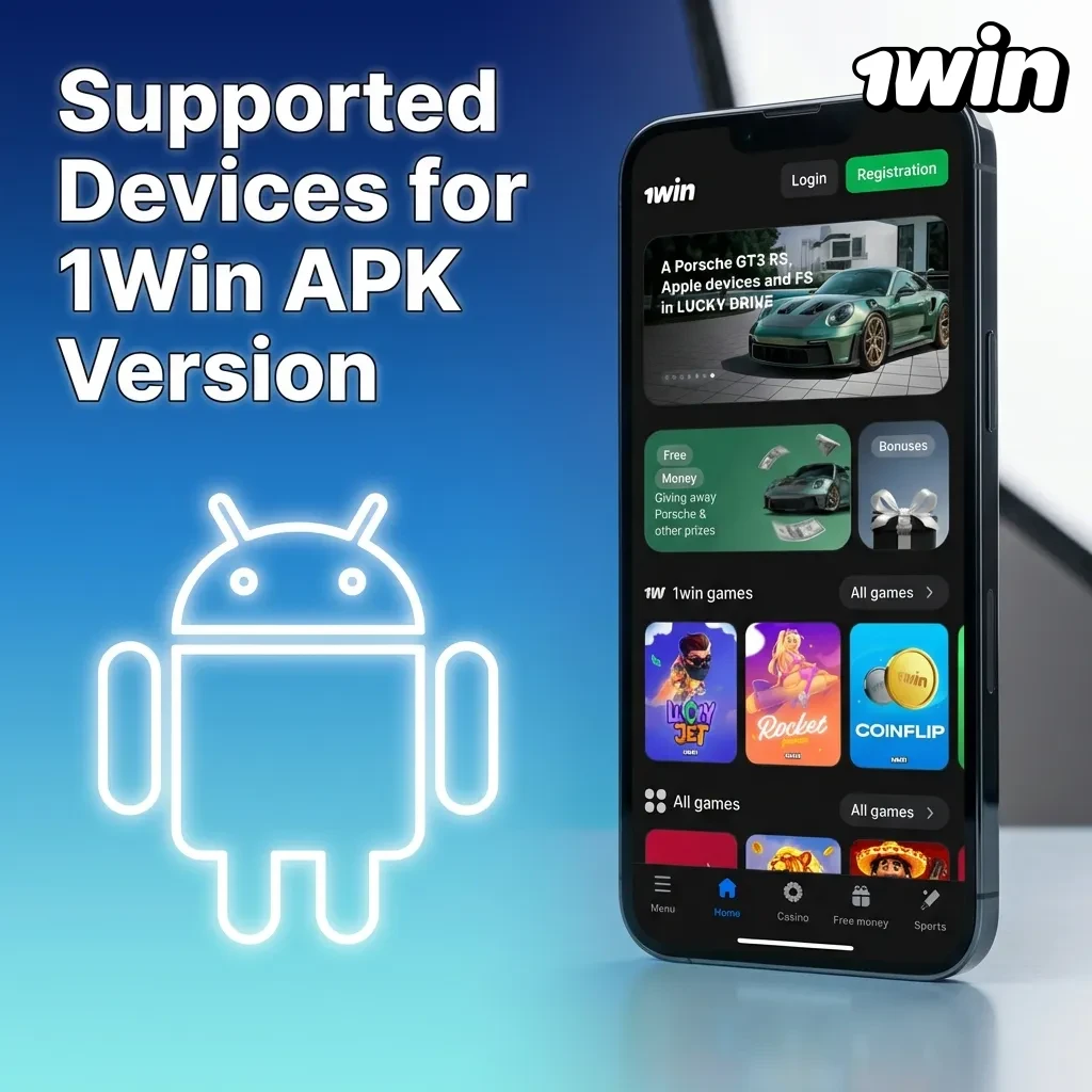 Table showing compatible Android devices from Samsung, Sony, Huawei, OnePlus, Oppo, Google, Xiaomi, and Poco for 1Win APK.