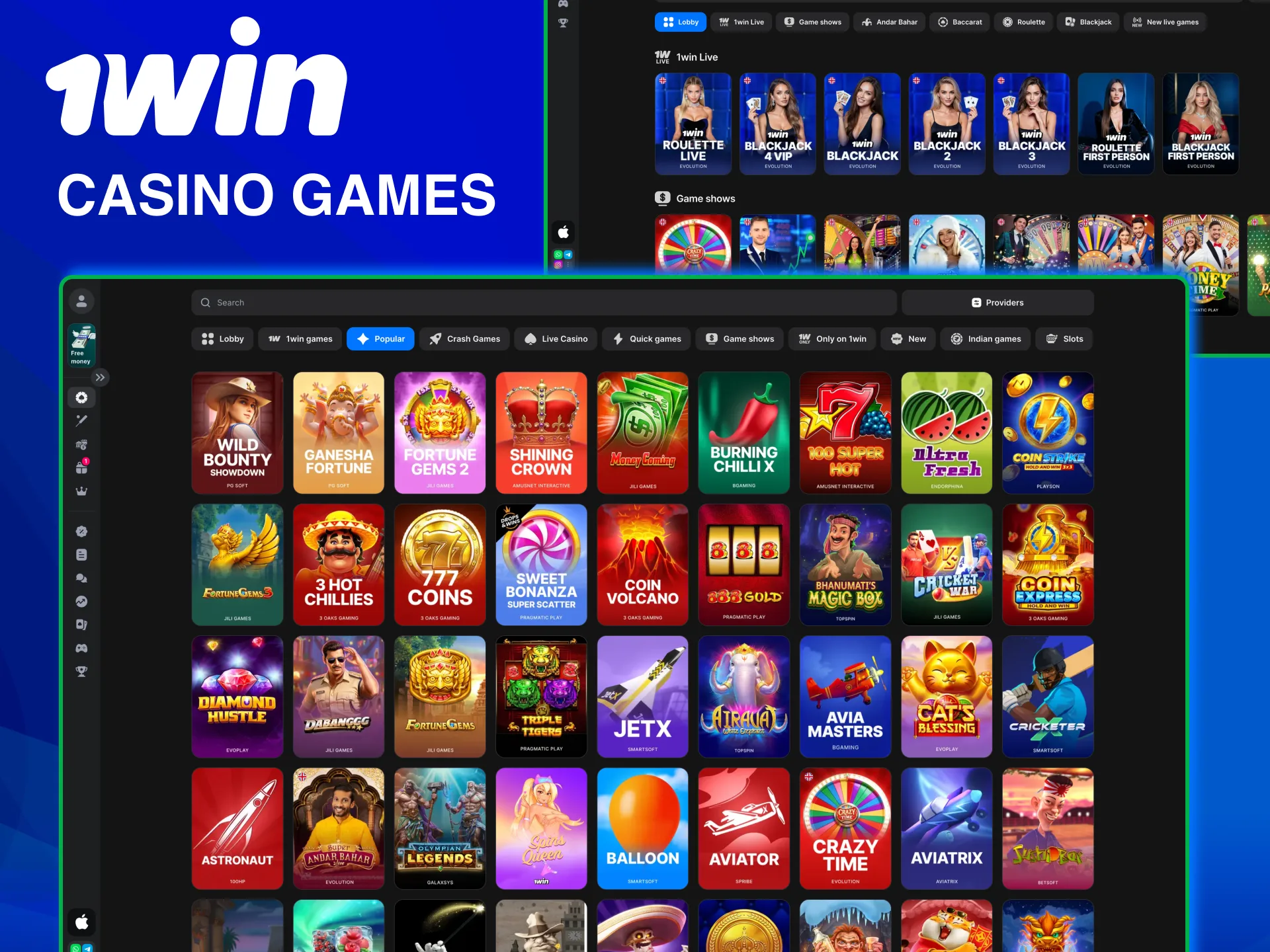 1win offers 10000 plus casino games with many categories.