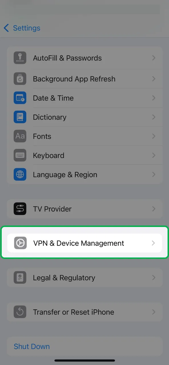 Approve 1win developer in iOS settings.