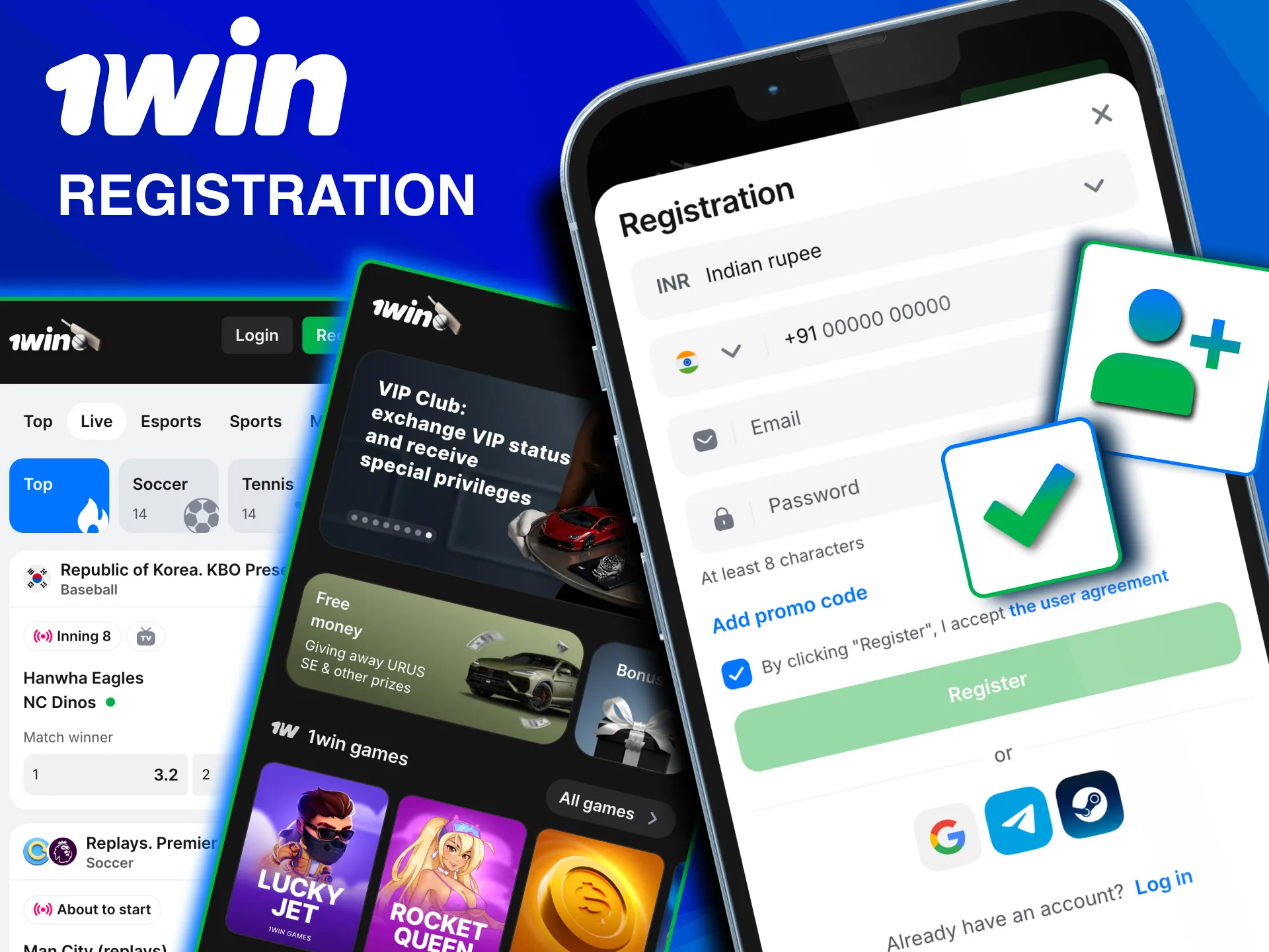 Sign up in 1win app with secure details.