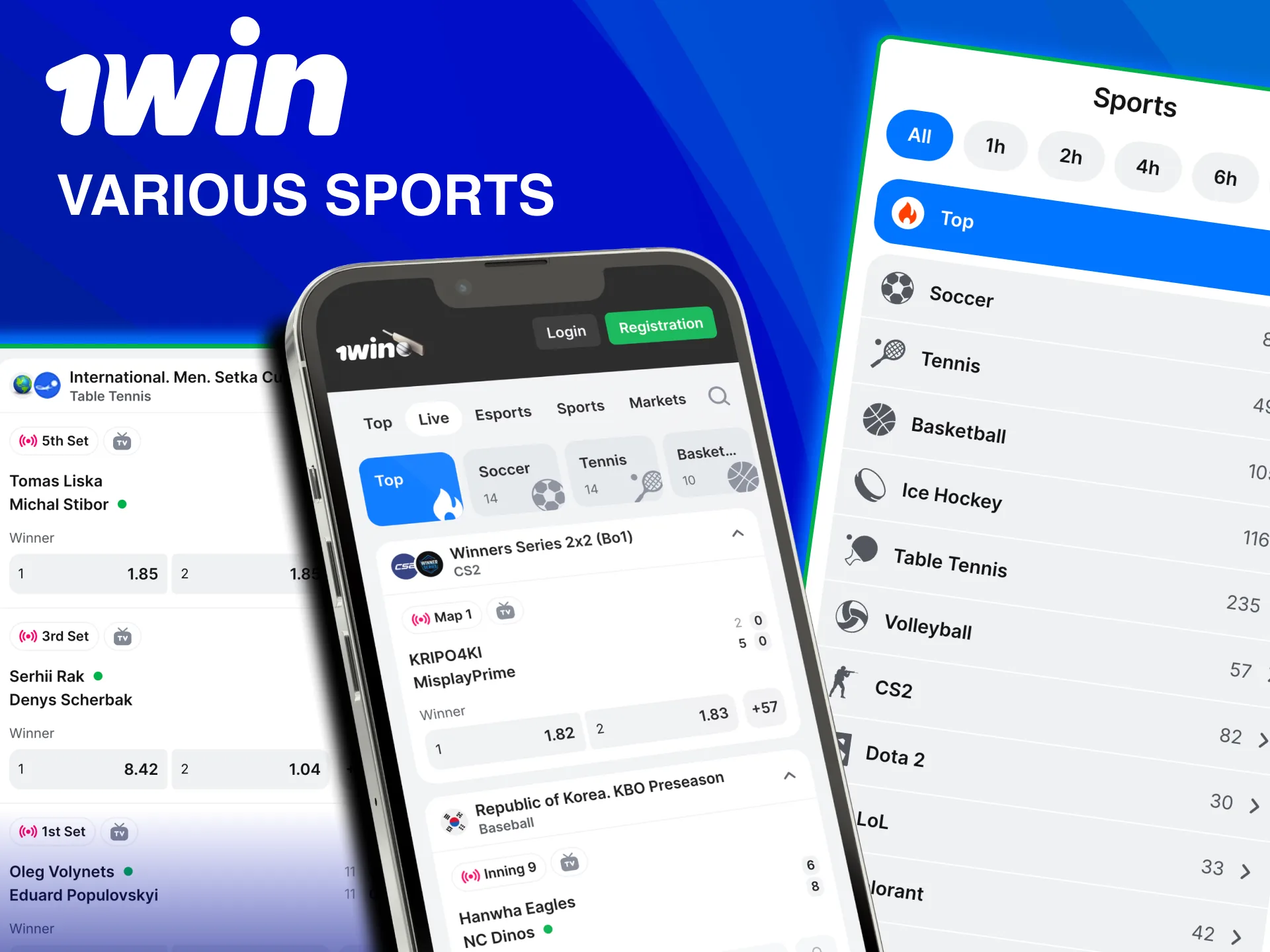 Cricket, football, kabaddi and esports like CS GO, Dota 2 in 1win.