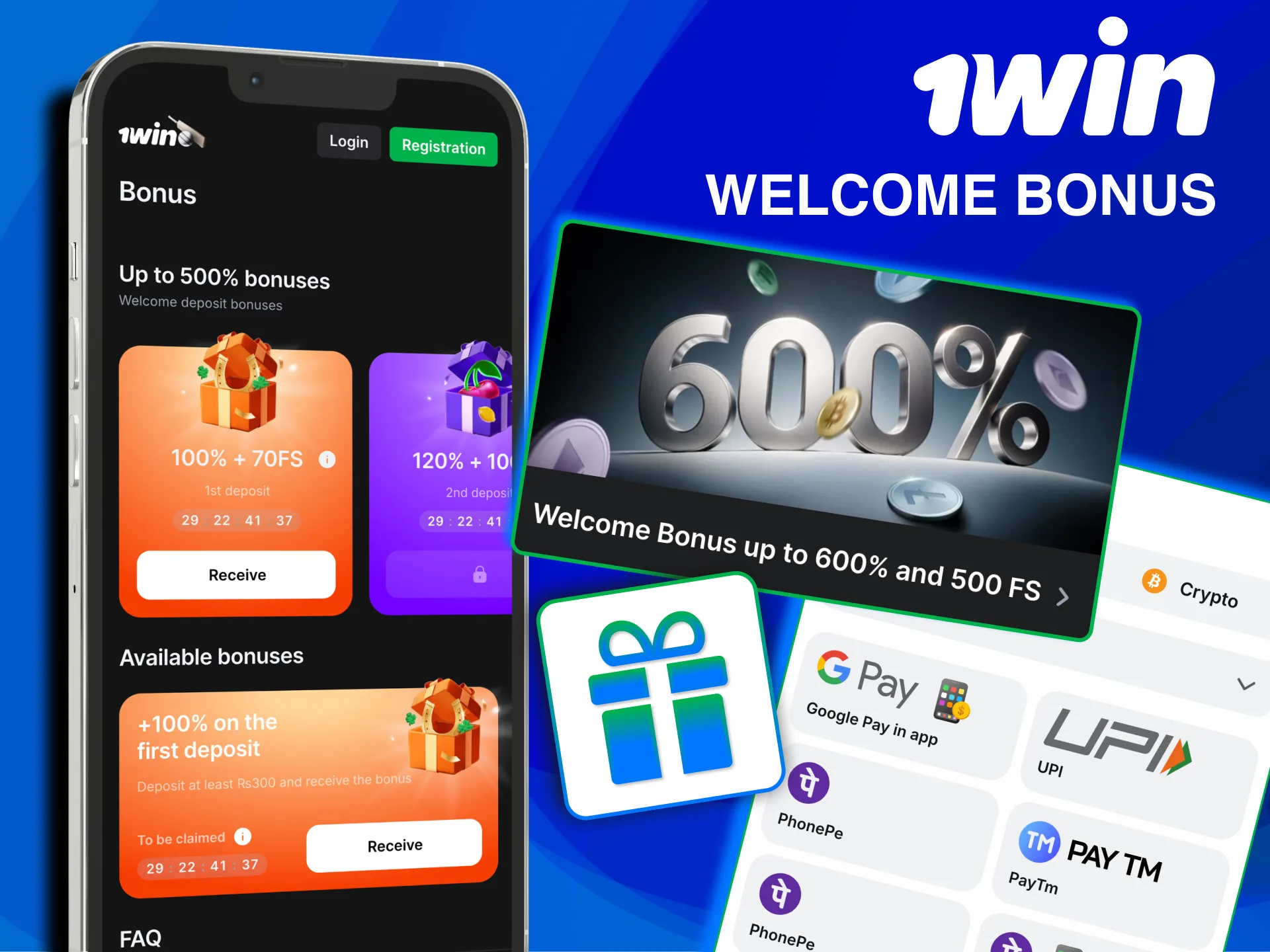 1win app offers first deposit bonus for casino and sports.