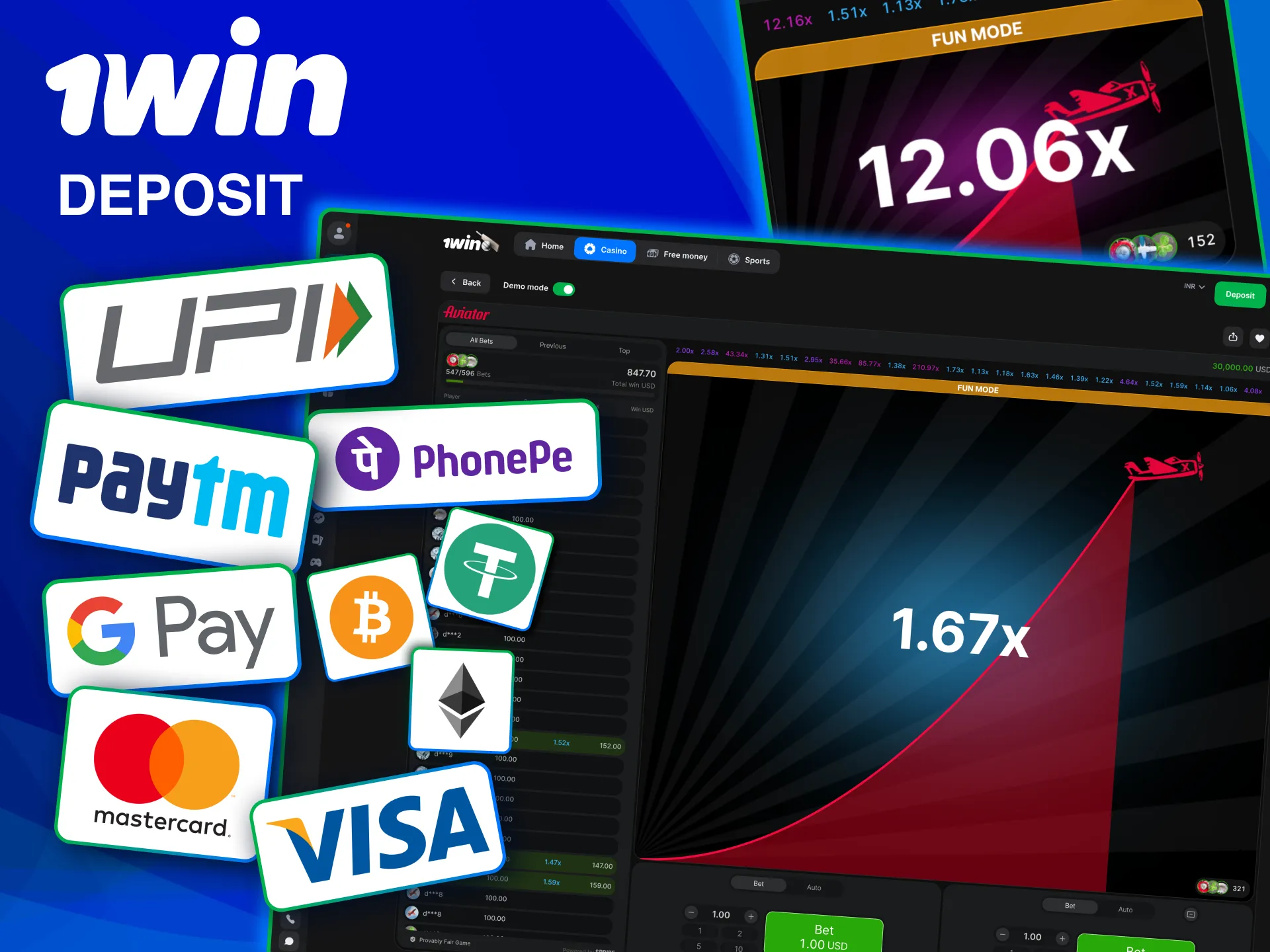 1win supports instant deposits via UPI cards and wallets.