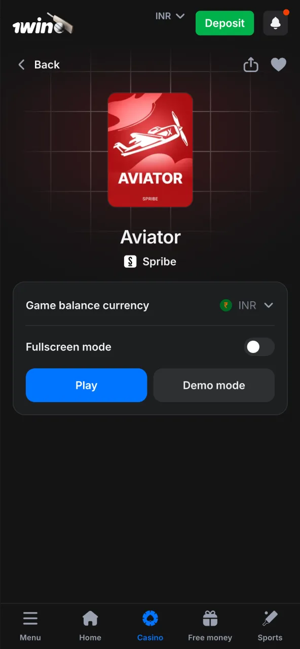 Play Aviator on 1win by opening the casino section.