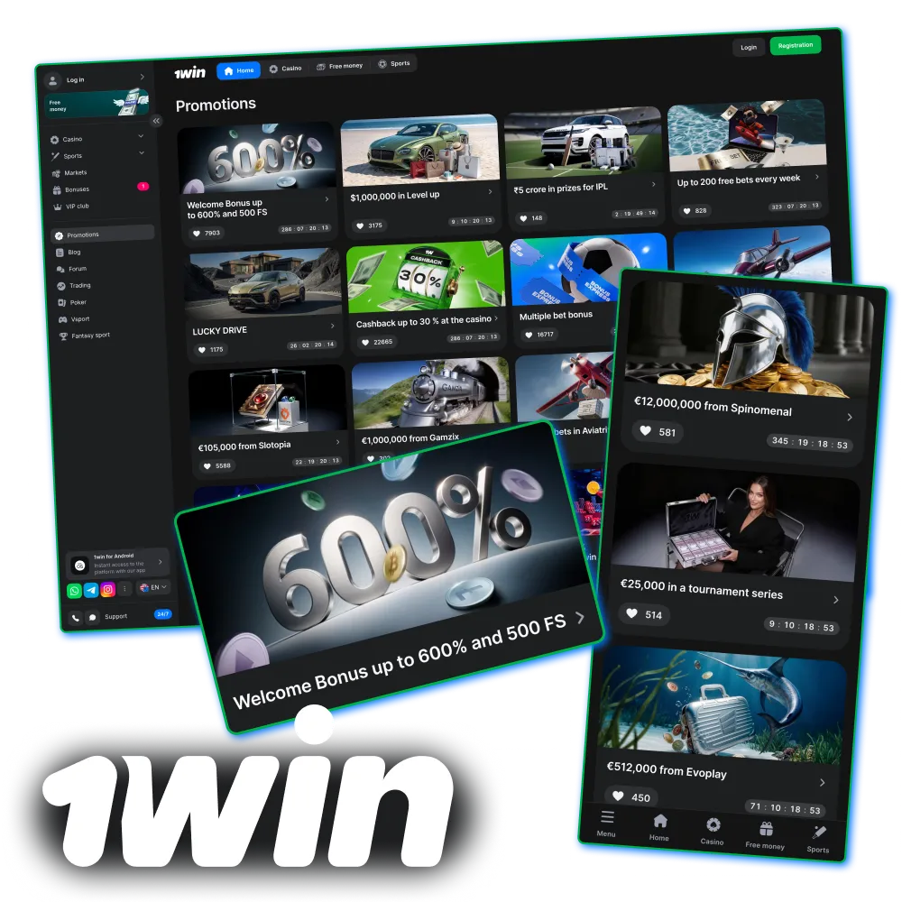 1win welcome bonus with 500 percent and casino betting access.