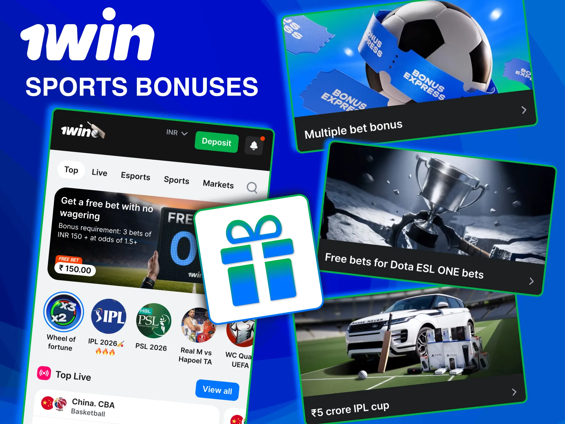 Claim 1win sports bonuses for cricket, football, kabaddi and esports.