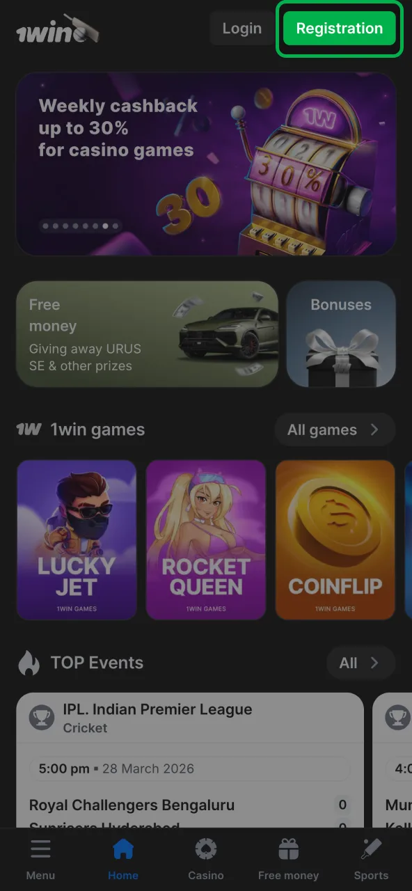 Click register on 1win homepage to open the form.