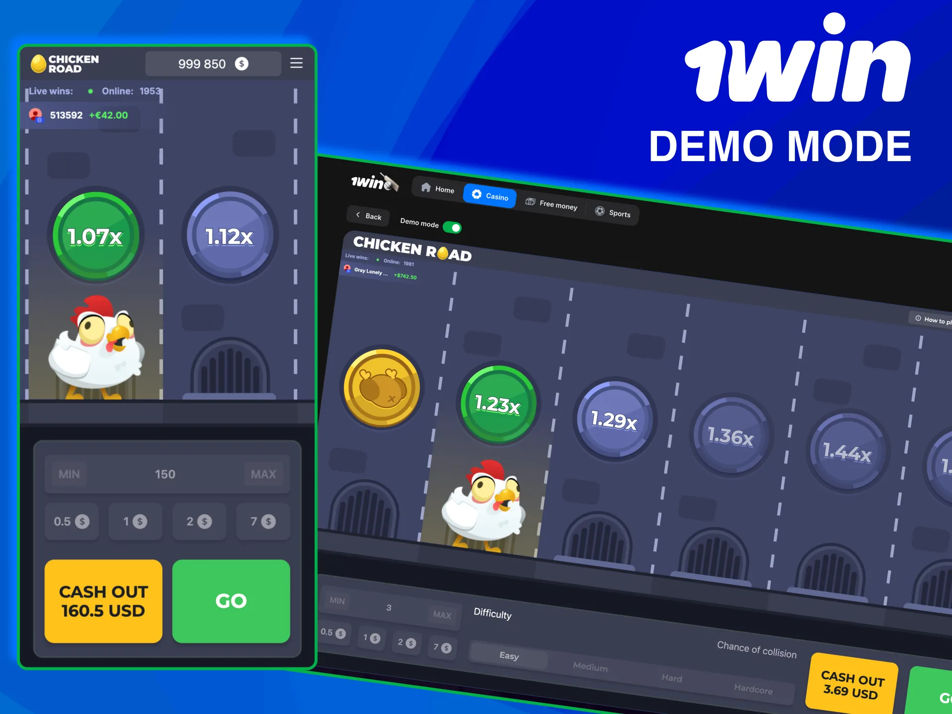 1win demo mode Chicken Road practice bets without real money.