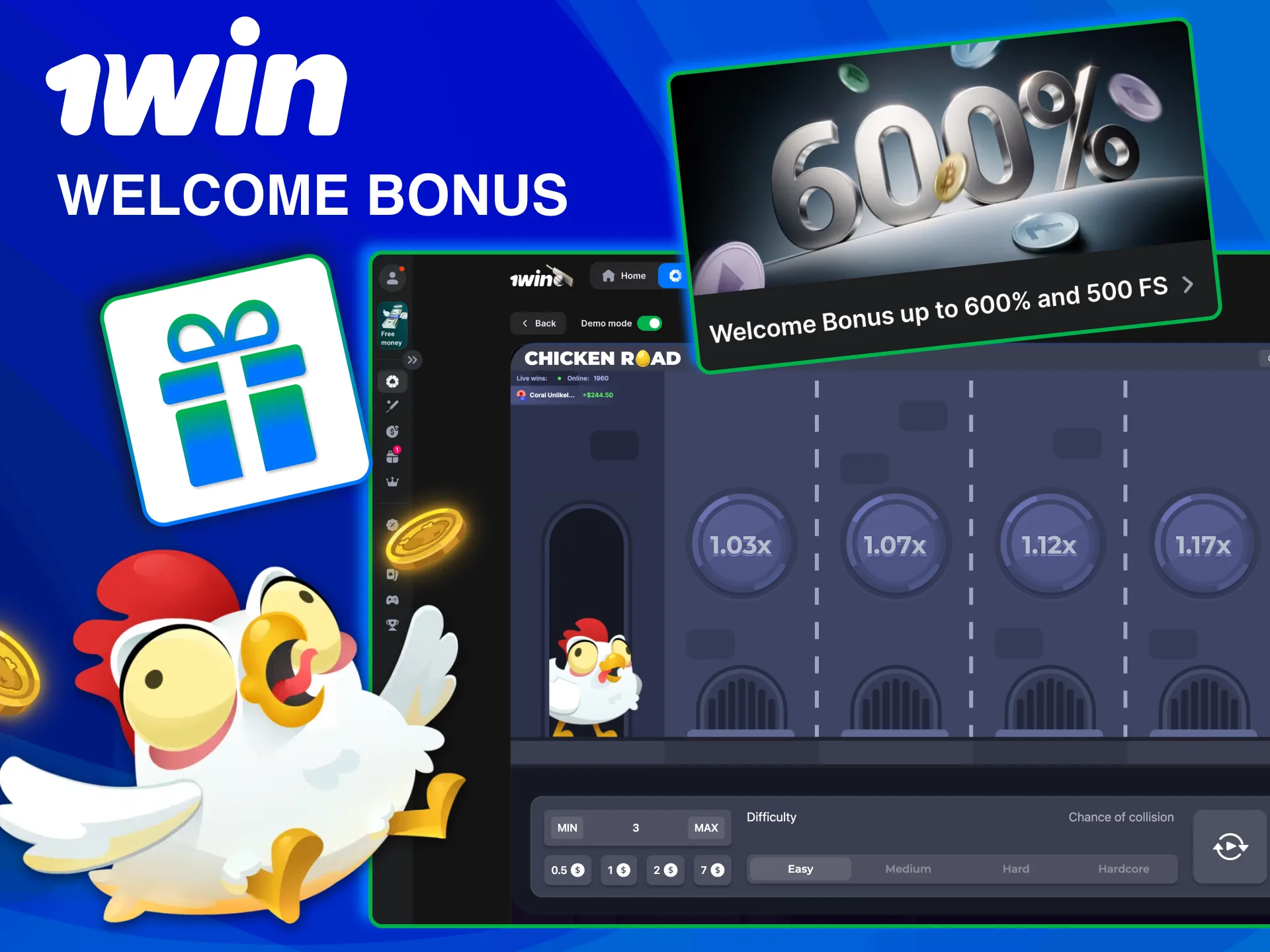 Activate 1win bonus deposit ₹300 and play Chicken Road.