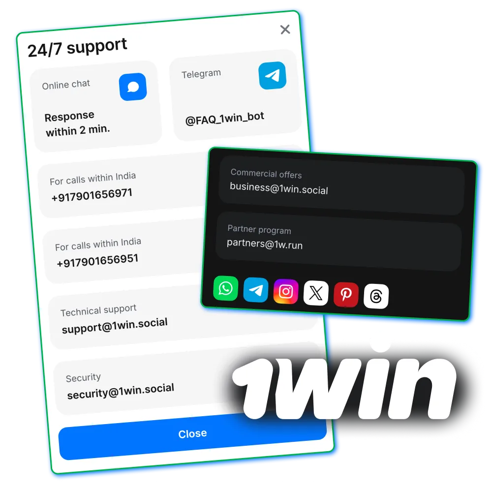 Contact 1win support via chat, email, phone and messengers.