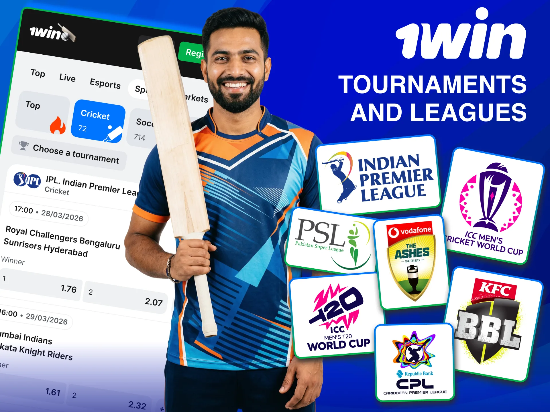 1win platform with global cricket tournaments and betting markets.