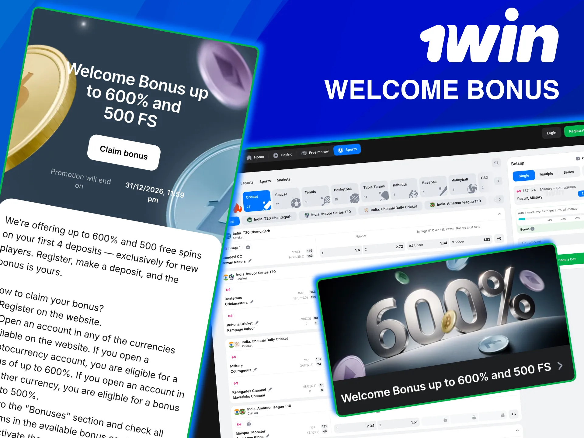 1win welcome bonus for cricket betting with boosted balance.