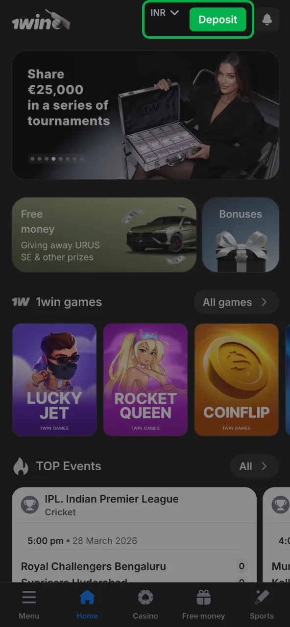 Open 1win account and access Cashier via top menu.