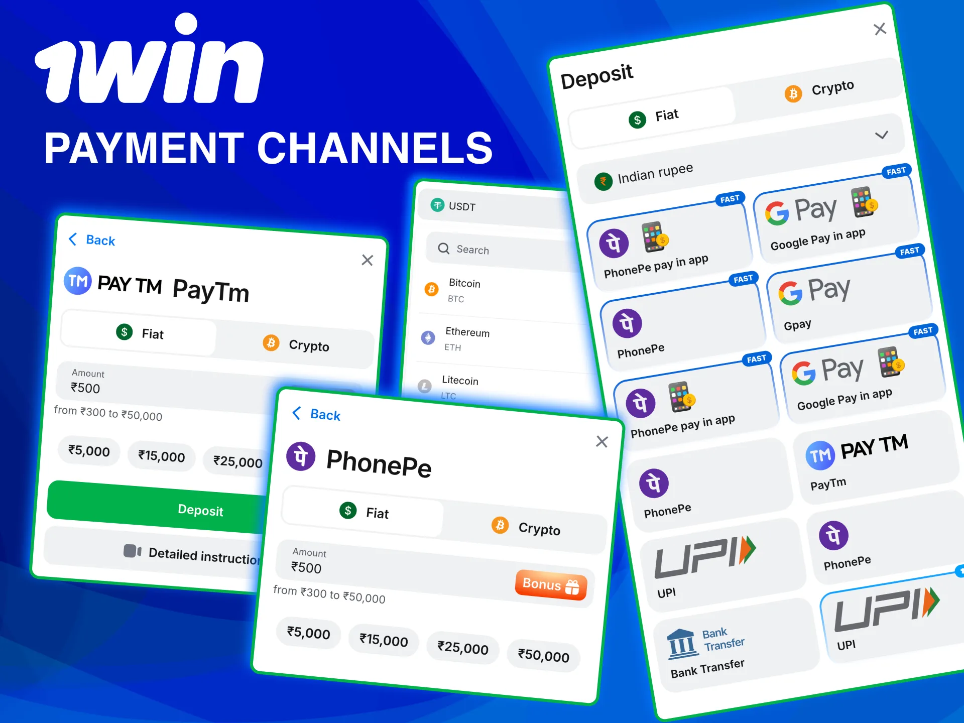 1win Indian players use UPI, Paytm, PhonePe, Google Pay and crypto.