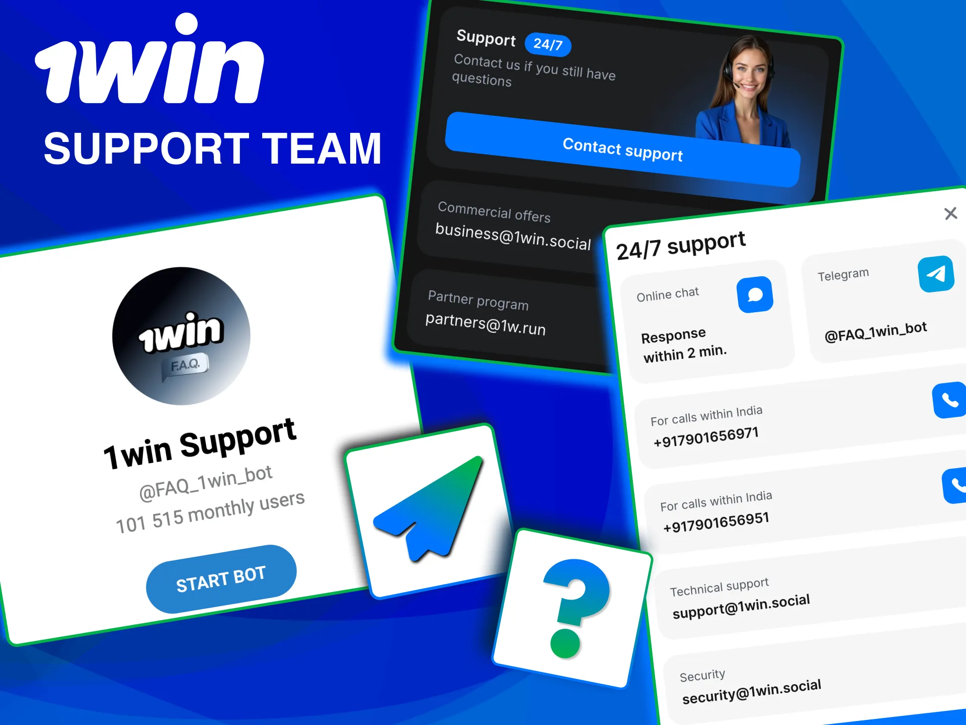 Contact 1win support via live chat, email, phone or Telegram 24/7.