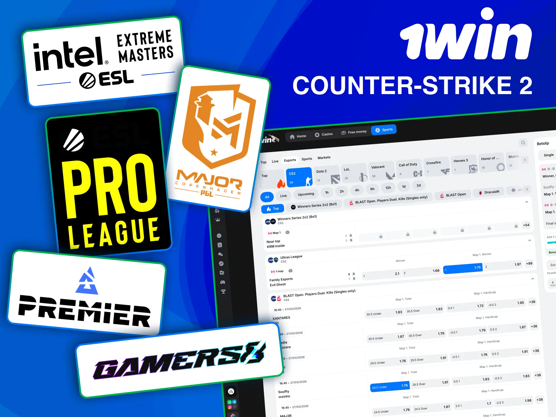 Bet on 1win CS2 matches including winners rounds and map outcomes.