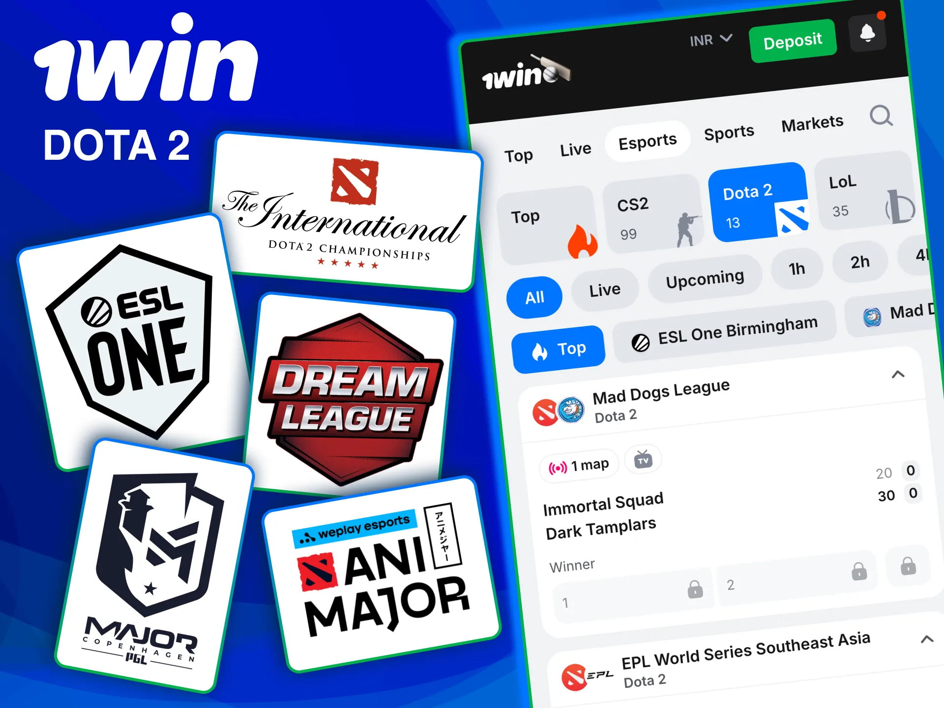 1win offers pre-match and live betting on Dota 2 tournaments.