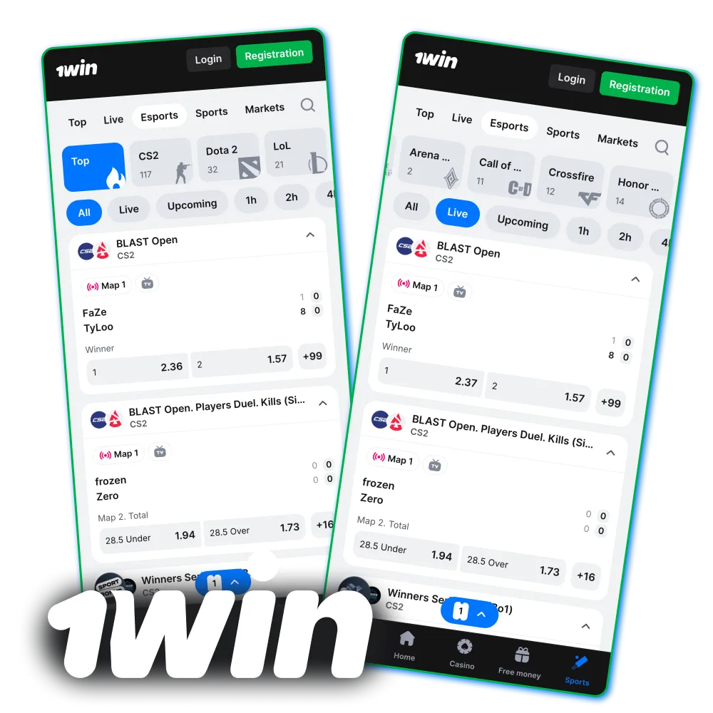 1win esports betting with high odds live stream and bonus.