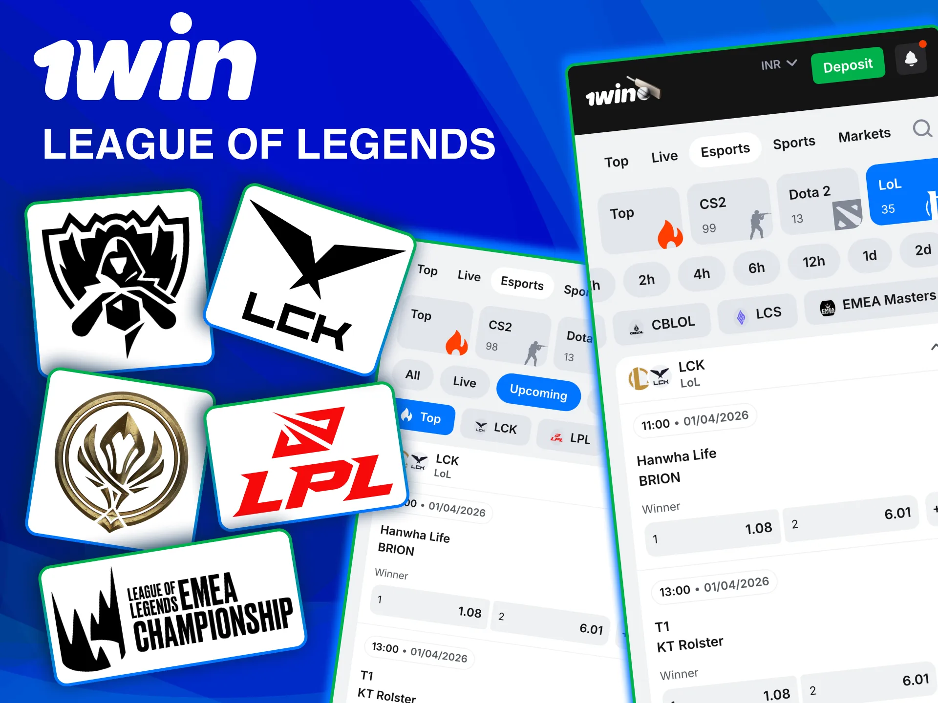 Follow top LoL events like World Championship and Mid-Season Invitational on 1win.