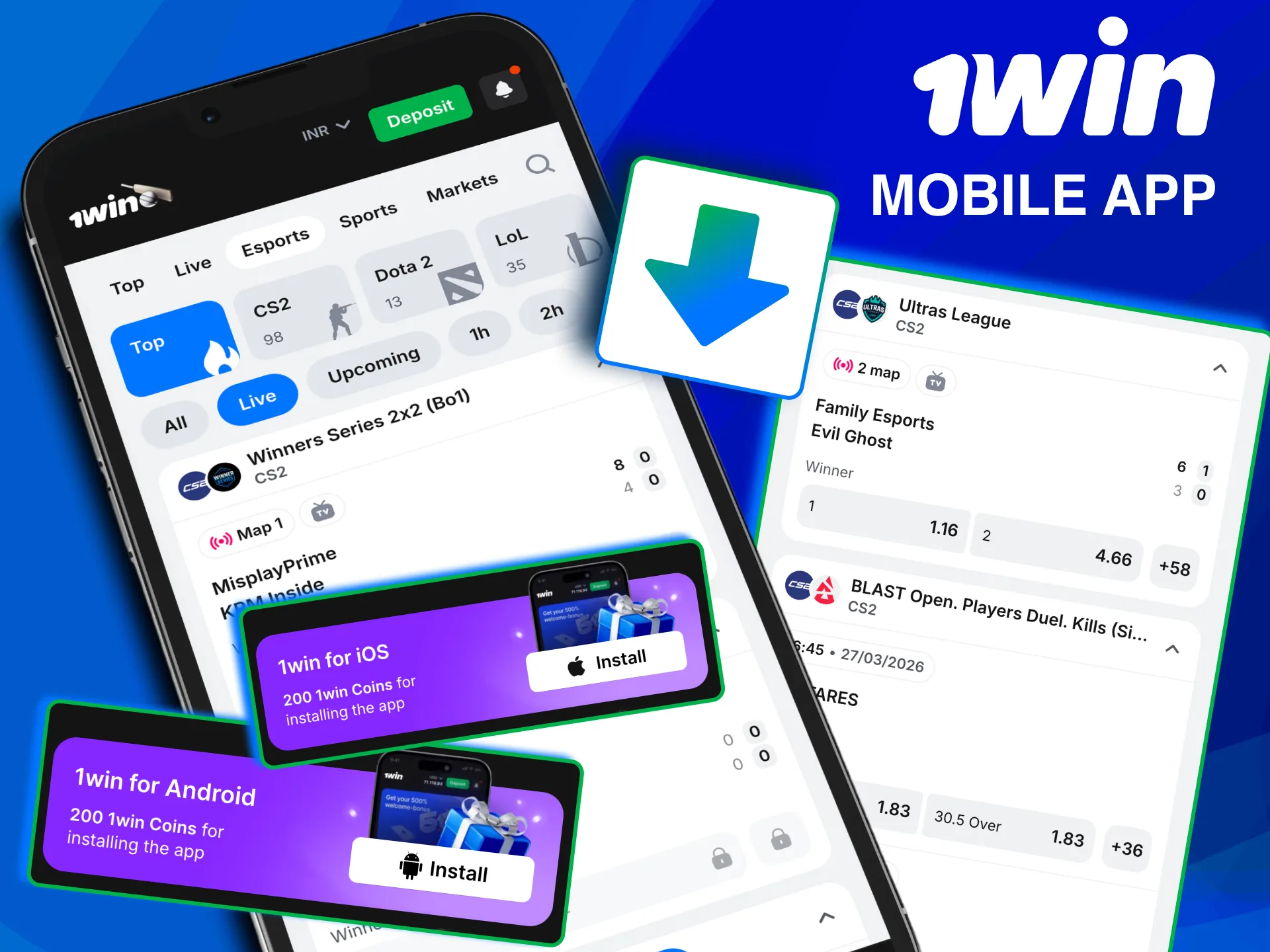 Bet on eSports anytime using the 1win mobile app on Android or iOS.