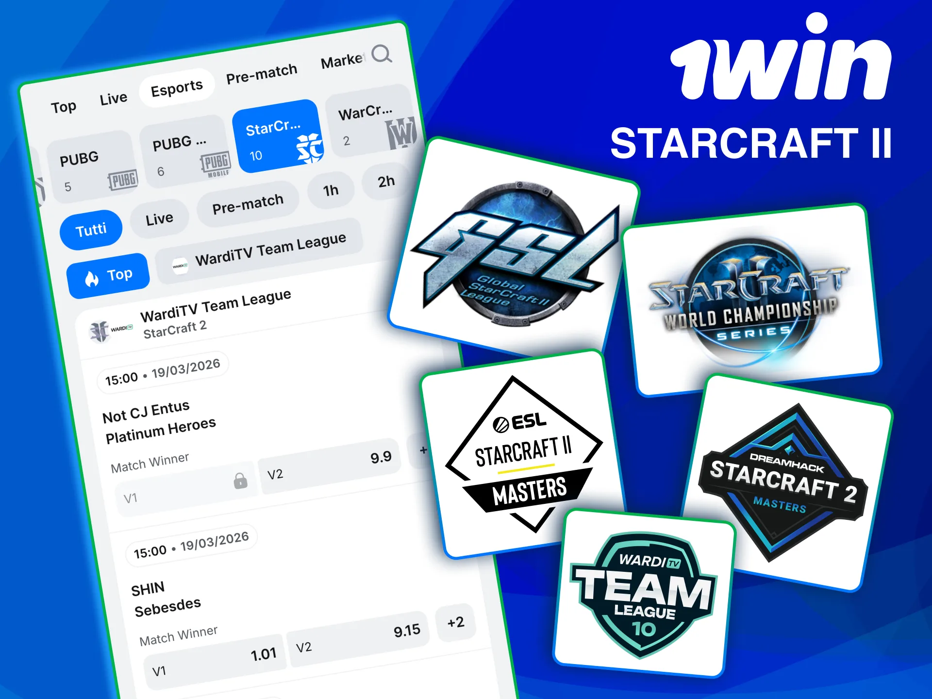 Explore European Korean and NA StarCraft II competitions on 1win.