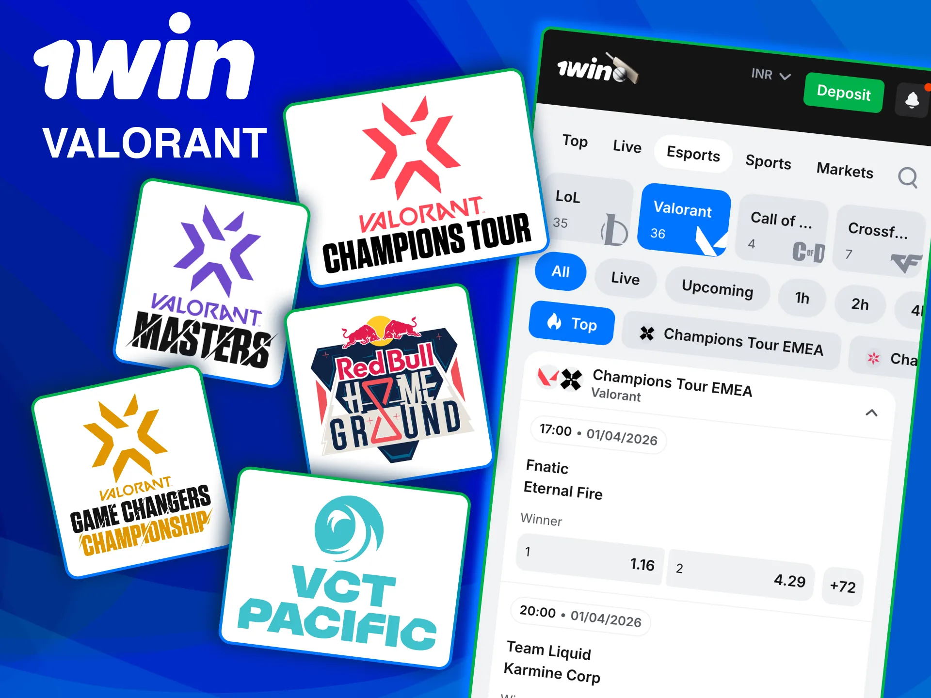 Wager on rounds handicaps total rounds and champions on 1win Valorant.