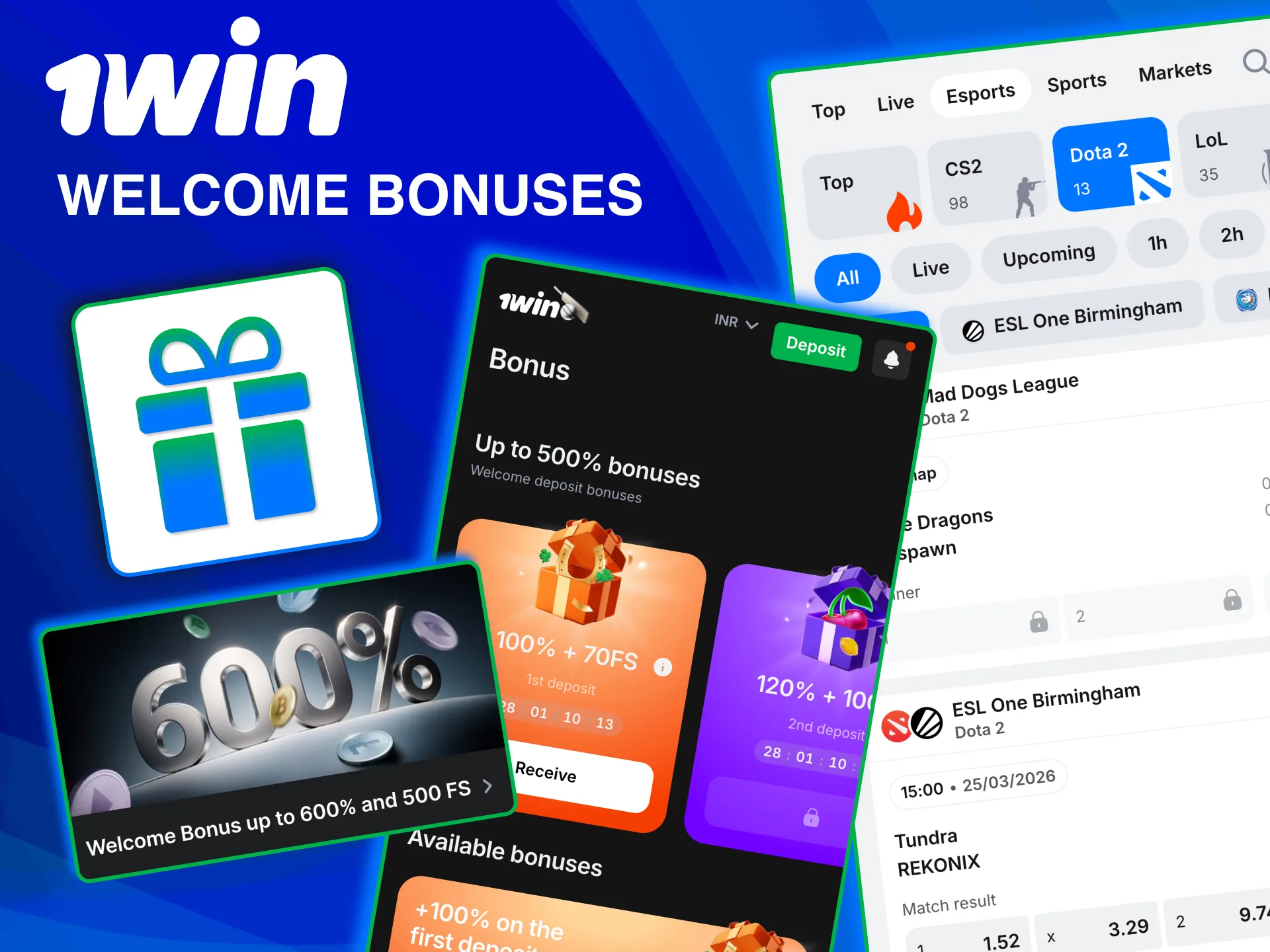 New 1win players receive bonus to play eSports and betting games.