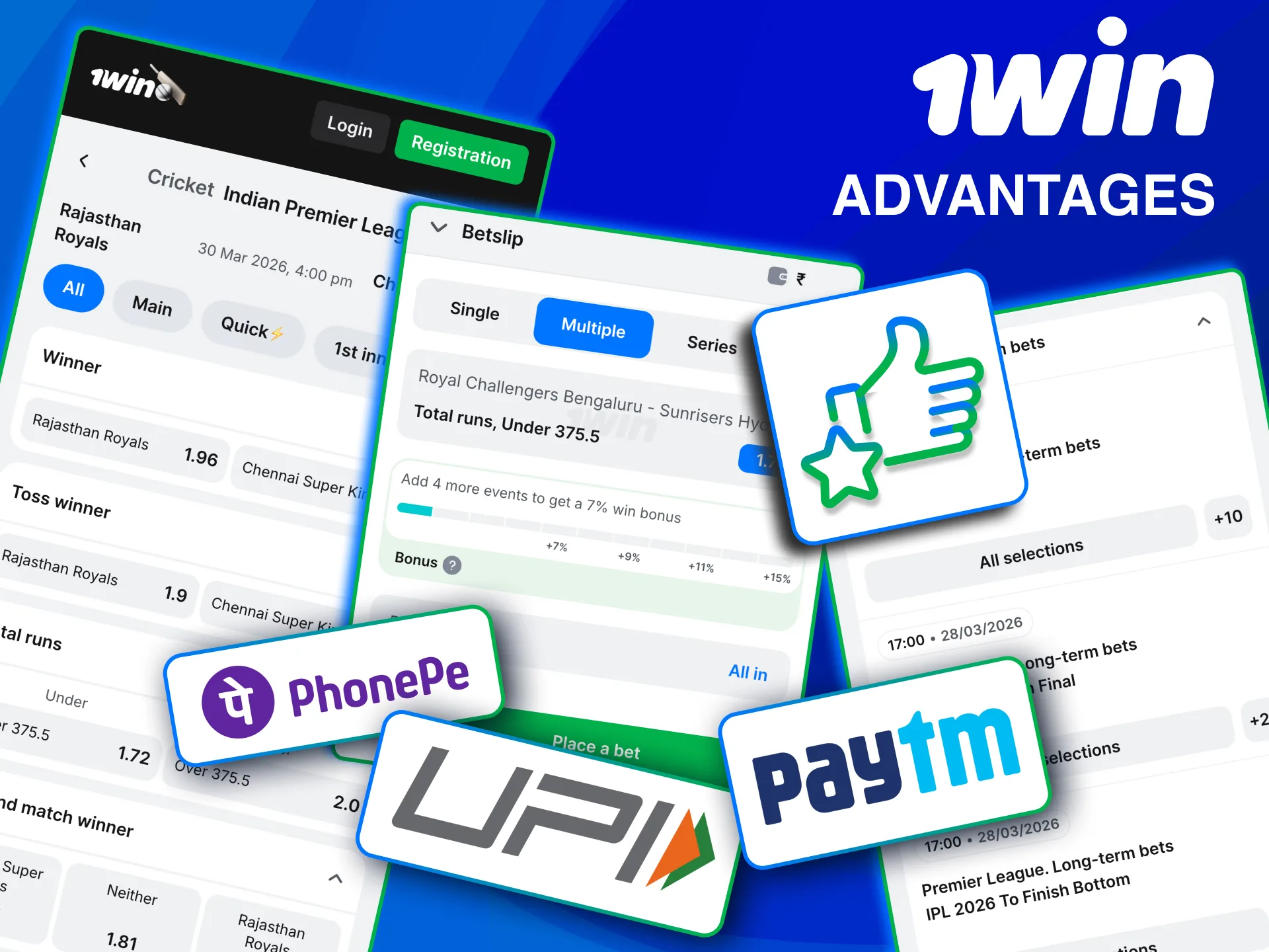 1win IPL betting with top odds mobile app and bonuses.