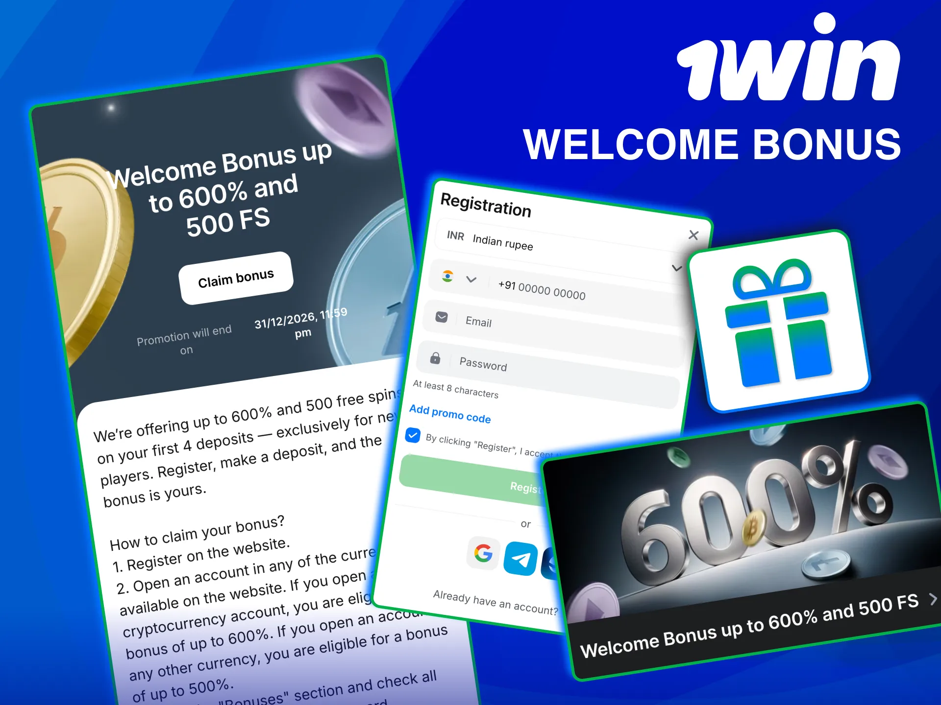 Claim 1win welcome bonus and start betting with extra funds.