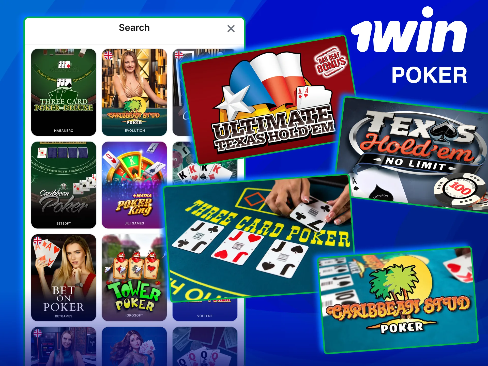 Play live poker games like Texas Hold’em on 1win.