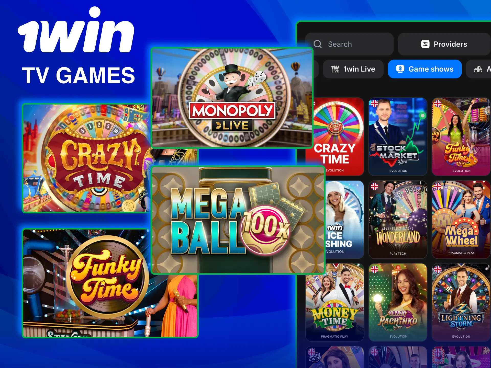 1win streams interactive TV-style games with multipliers and prizes.
