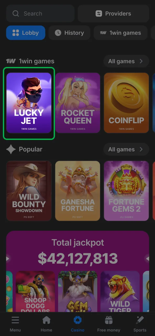Play Lucky Jet at 1win by selecting it in casino lobby.