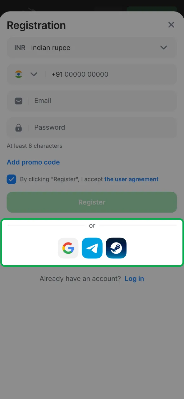 Choose 1win sign-up method with Google, Telegram or one-click.