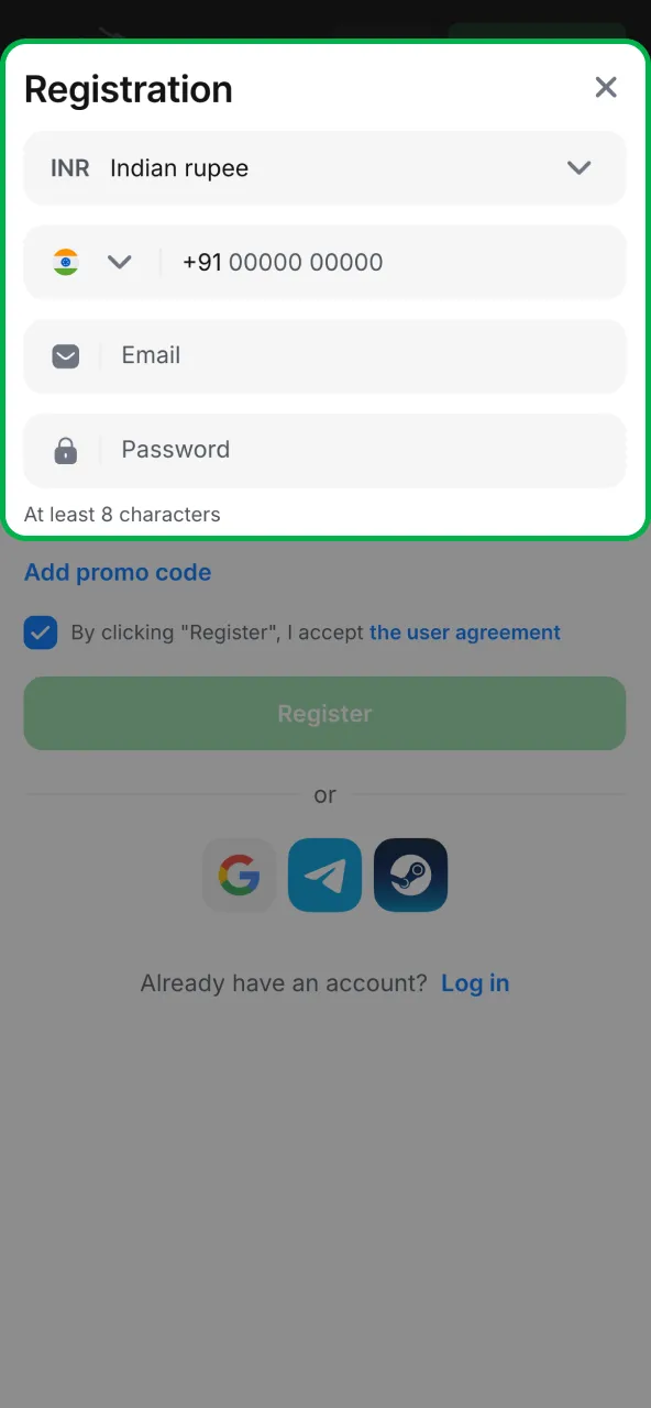 Enter phone, email, password and choose INR on 1win.