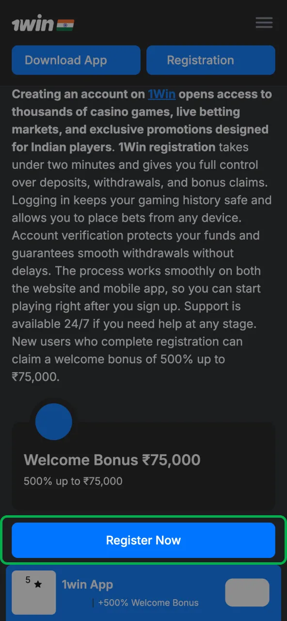 Open 1win login form by clicking the button.