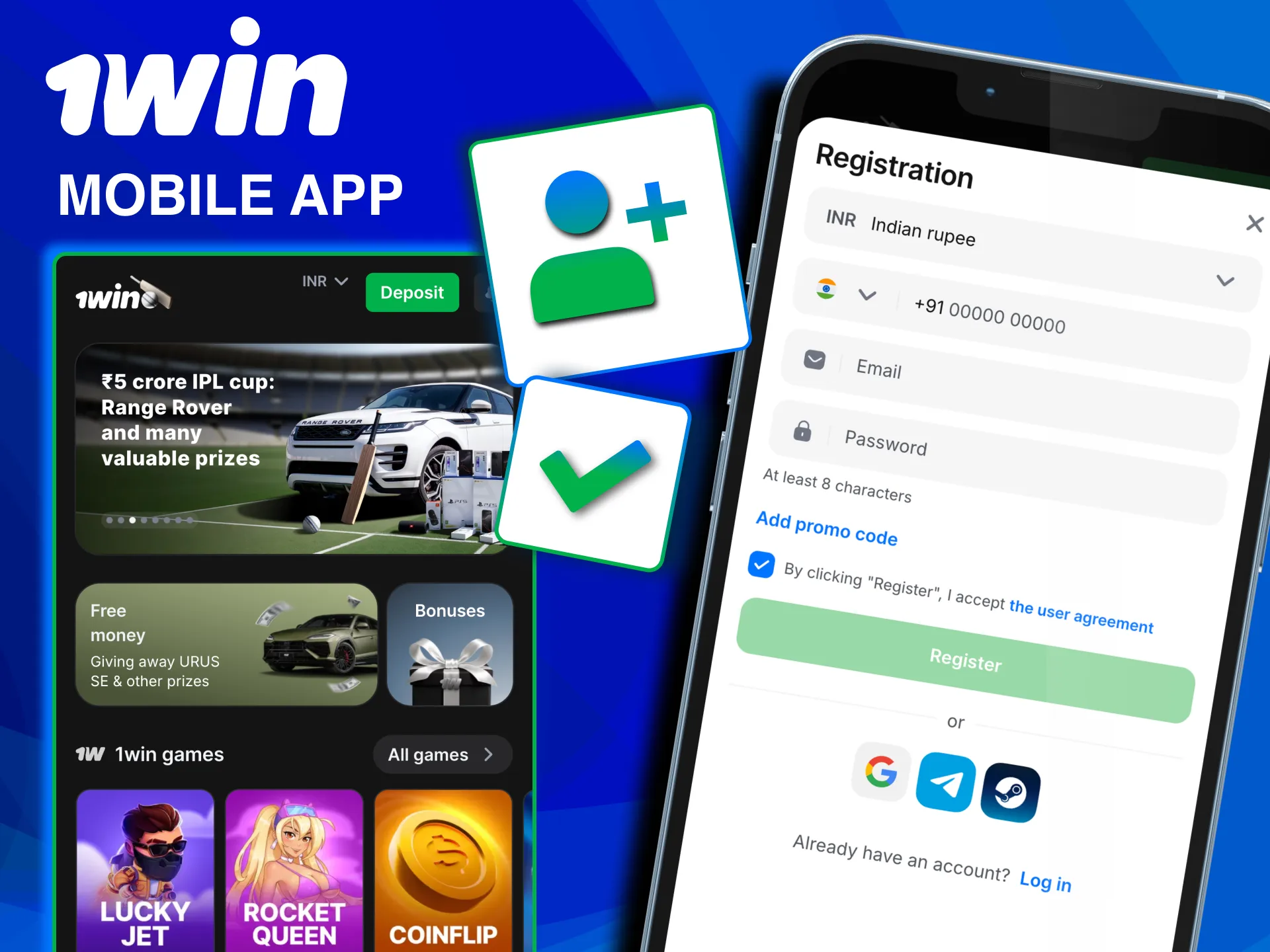 Tap registration on 1win app to start playing.