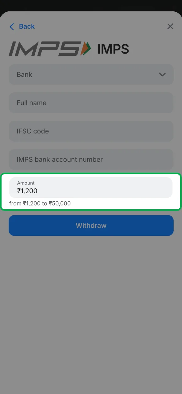 Input withdrawal amount in 1win within allowed limits.