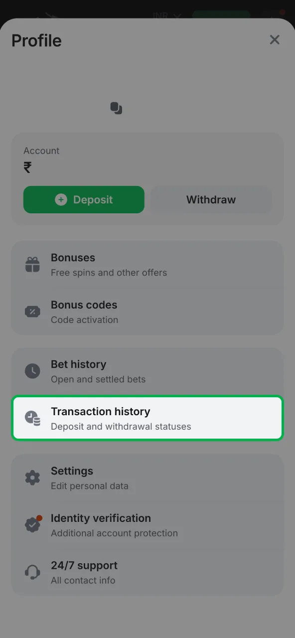 Monitor 1win payout request in transaction history.